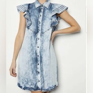Karen Millen Soft Acid Wash Frill Sleeve Dress Denim Blue‎ US 2